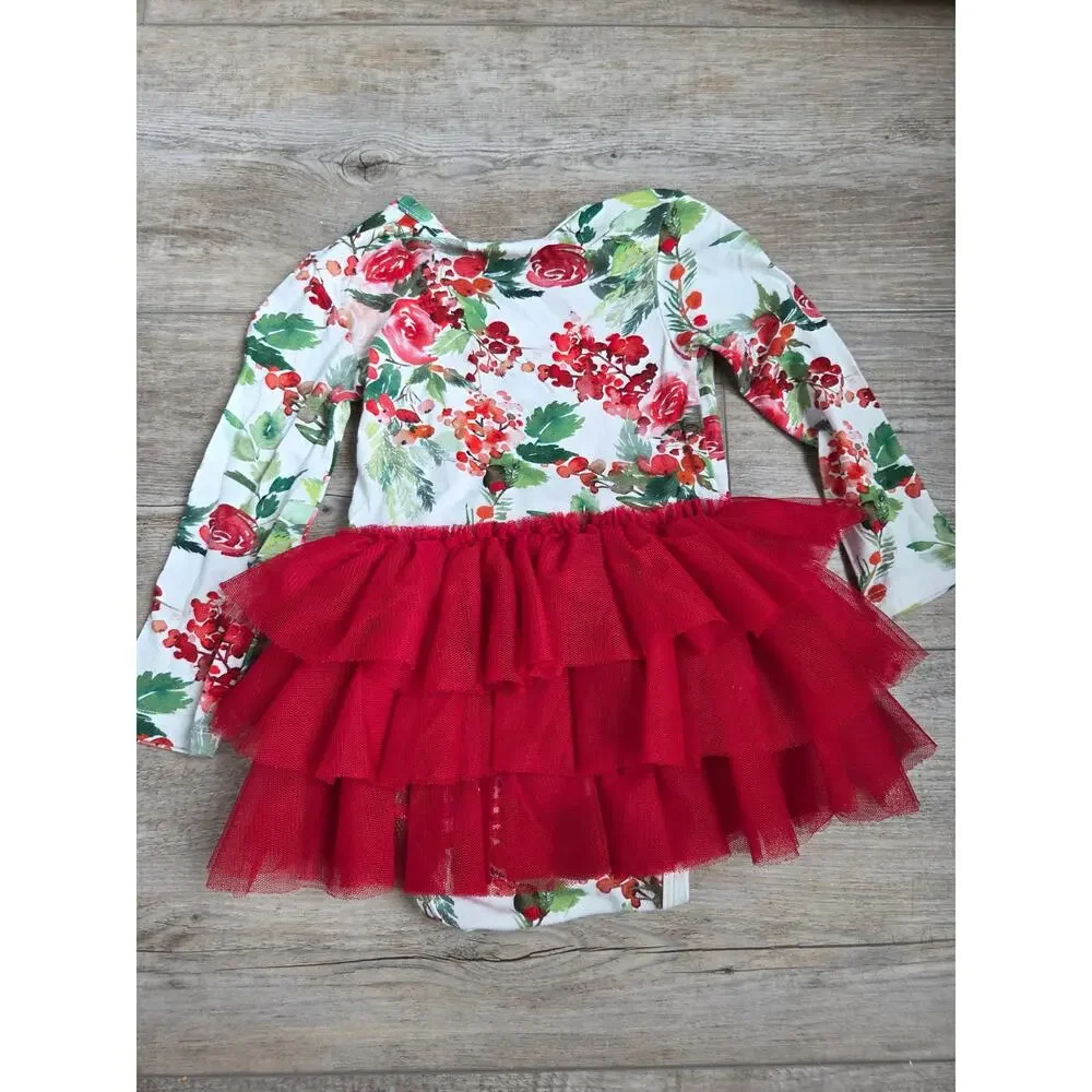 Posh Peanut Christmas Holly Floral Tutu Romper Dress 6-12M Red Bamboo